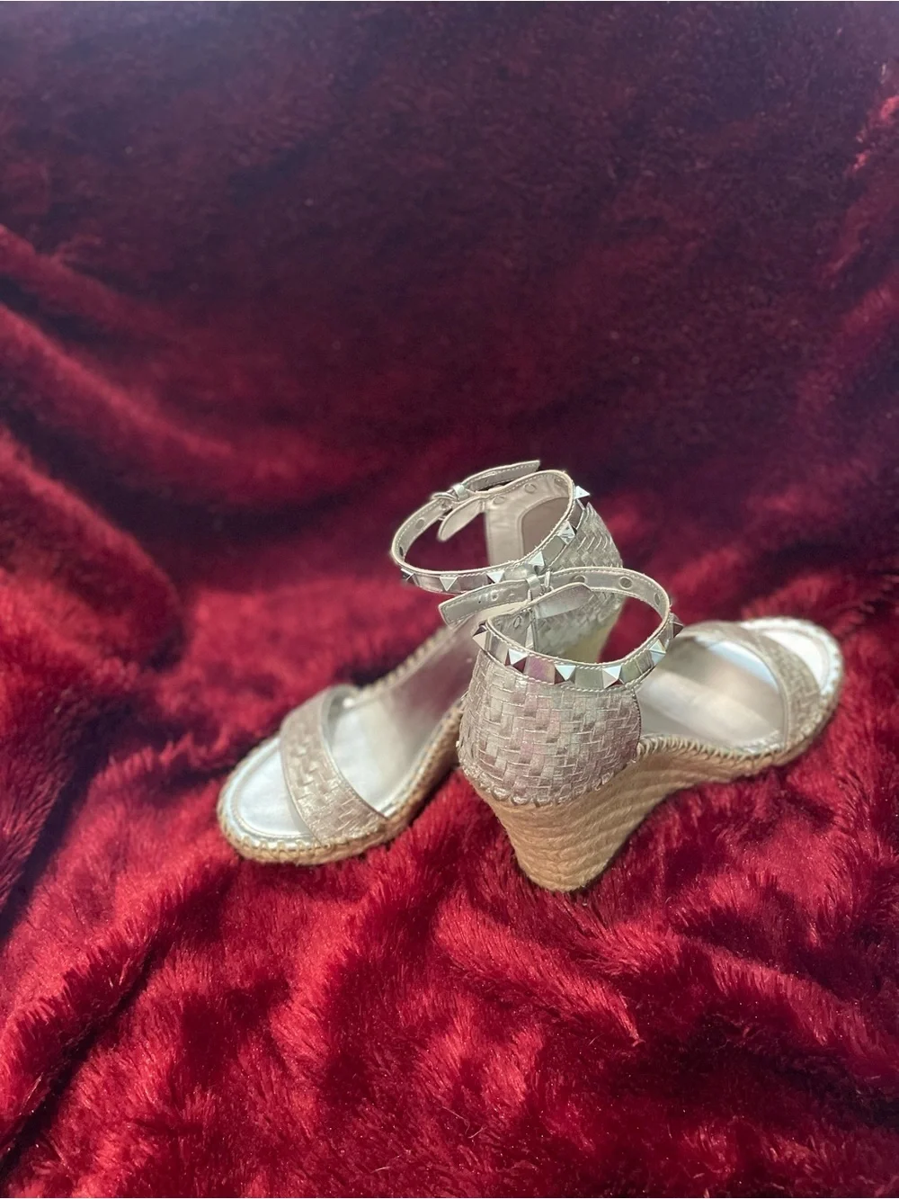 Marc Fisher Metallic Silver Woven Espadrille Wedges with Studded Ankle Straps